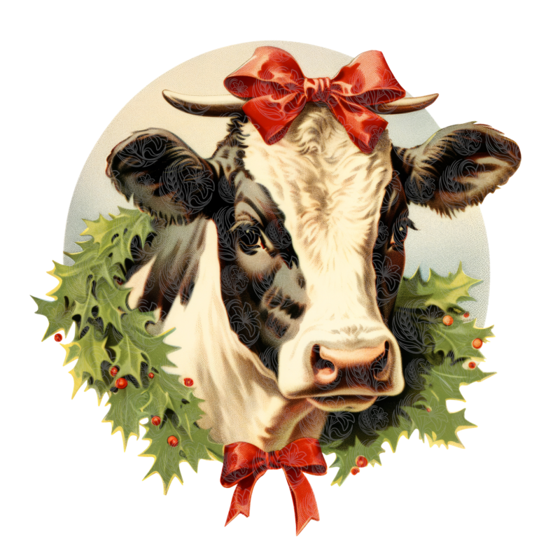 Christmas cow wreath with holly berries and red bow vintage illustration, Grey Barn Handwerk, Saskatchewan.